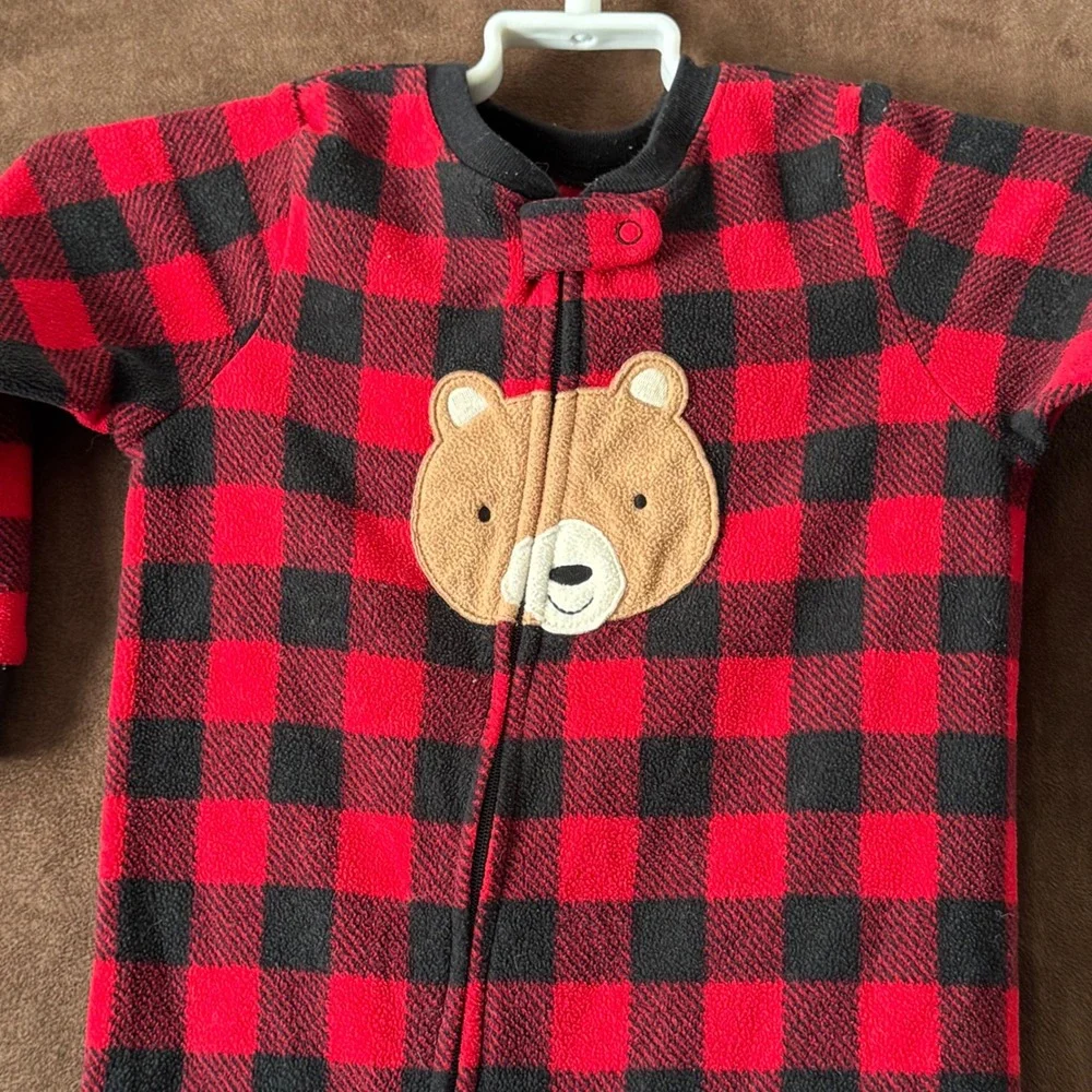 Carters Toddler Boys Red‎ Black Buffalo Plaid Bear Fleece Footed Pajamas 2T